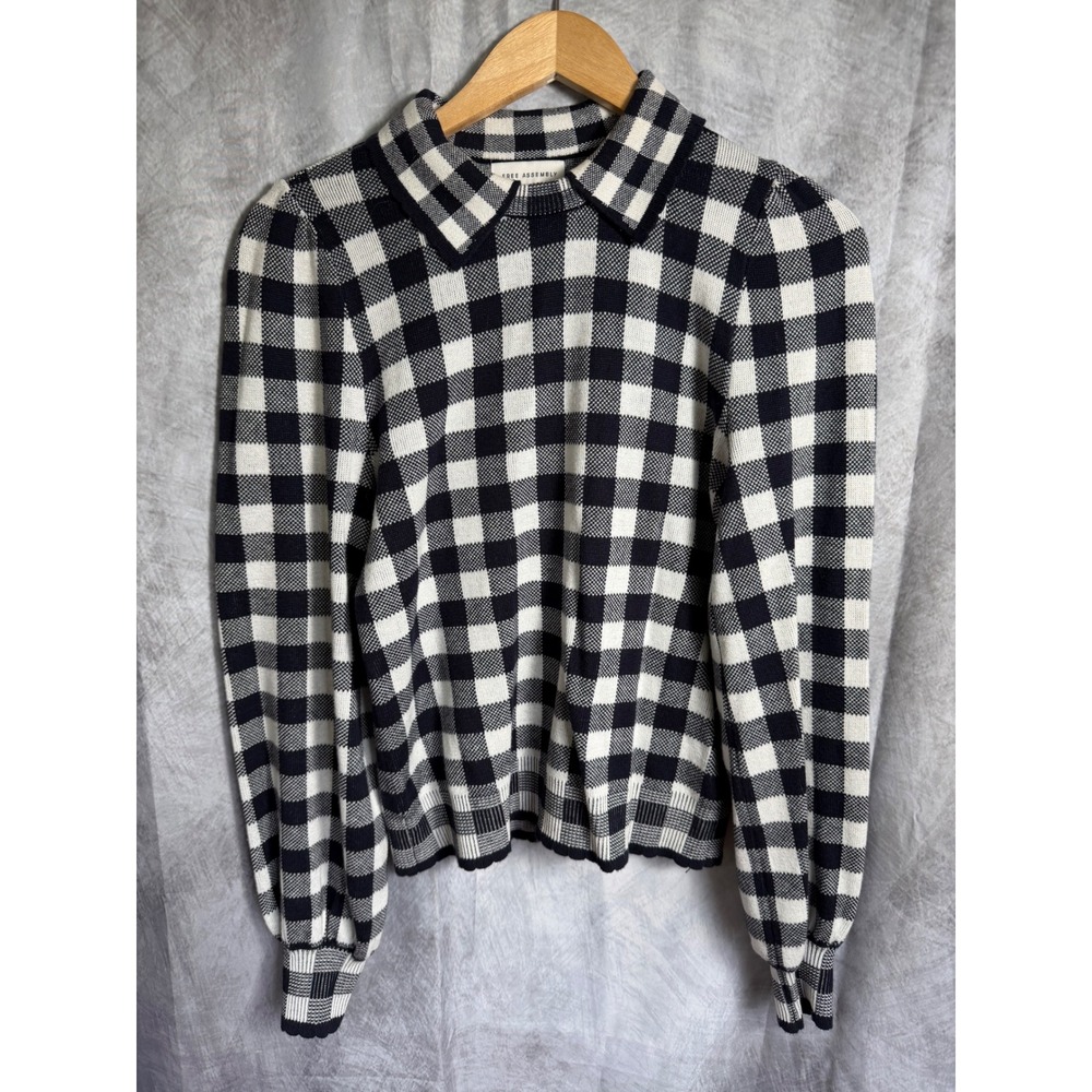 Free Assembly Womens Gingham Puff Sleeve Collared Sweater Black White XS Cottage